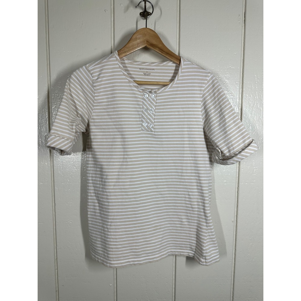 Appleseed's Henley Top Women S Tan White Striped Short Sleeve Casual Button Up